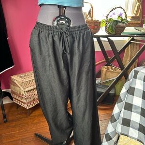 Wide leg Black linen Drawstring Pants